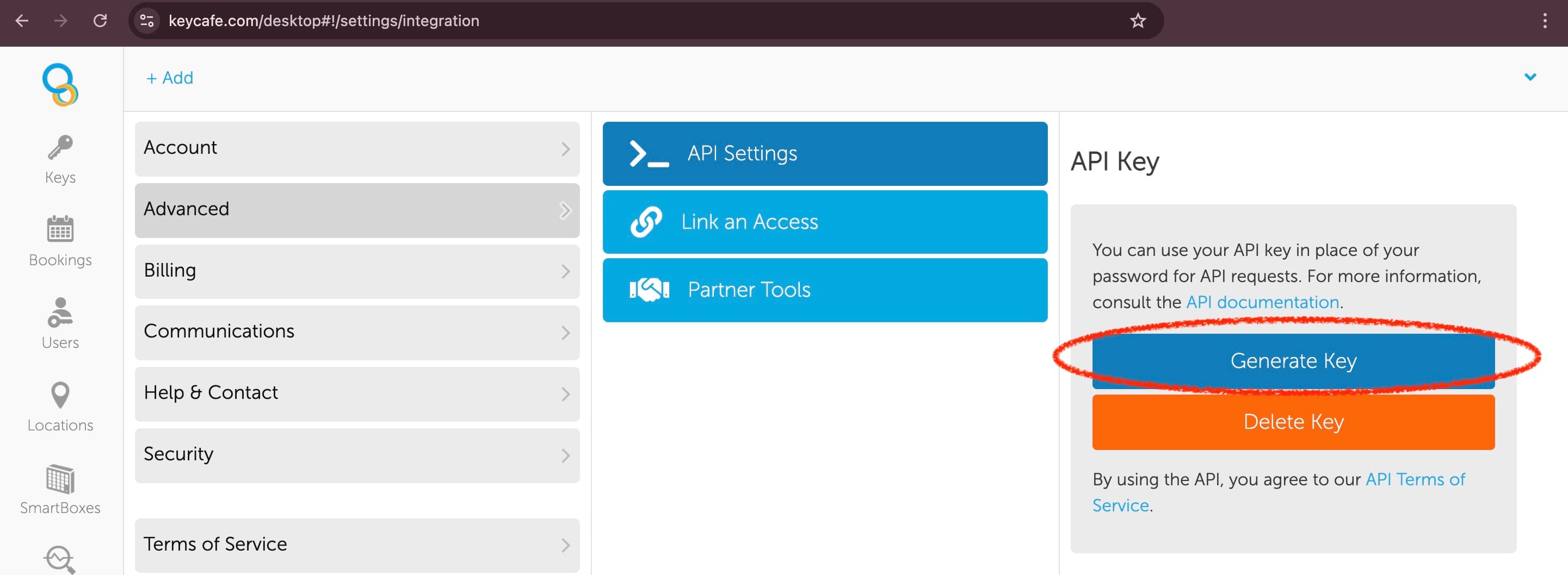 KeyCafe Settings page with the Generate Key button highlighted